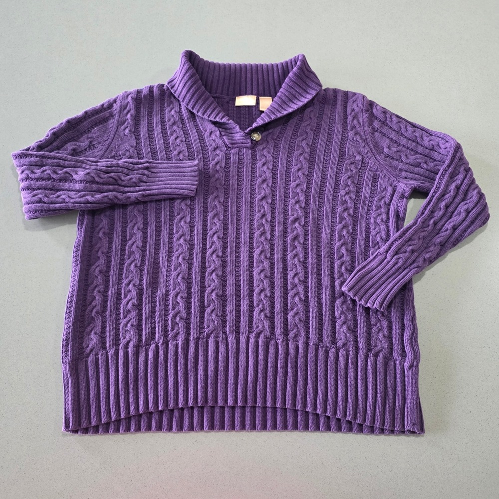 Purple Cable Knit Shawl Collar‎ Button Sweater Womens Long Sleeve Ribbed Trim